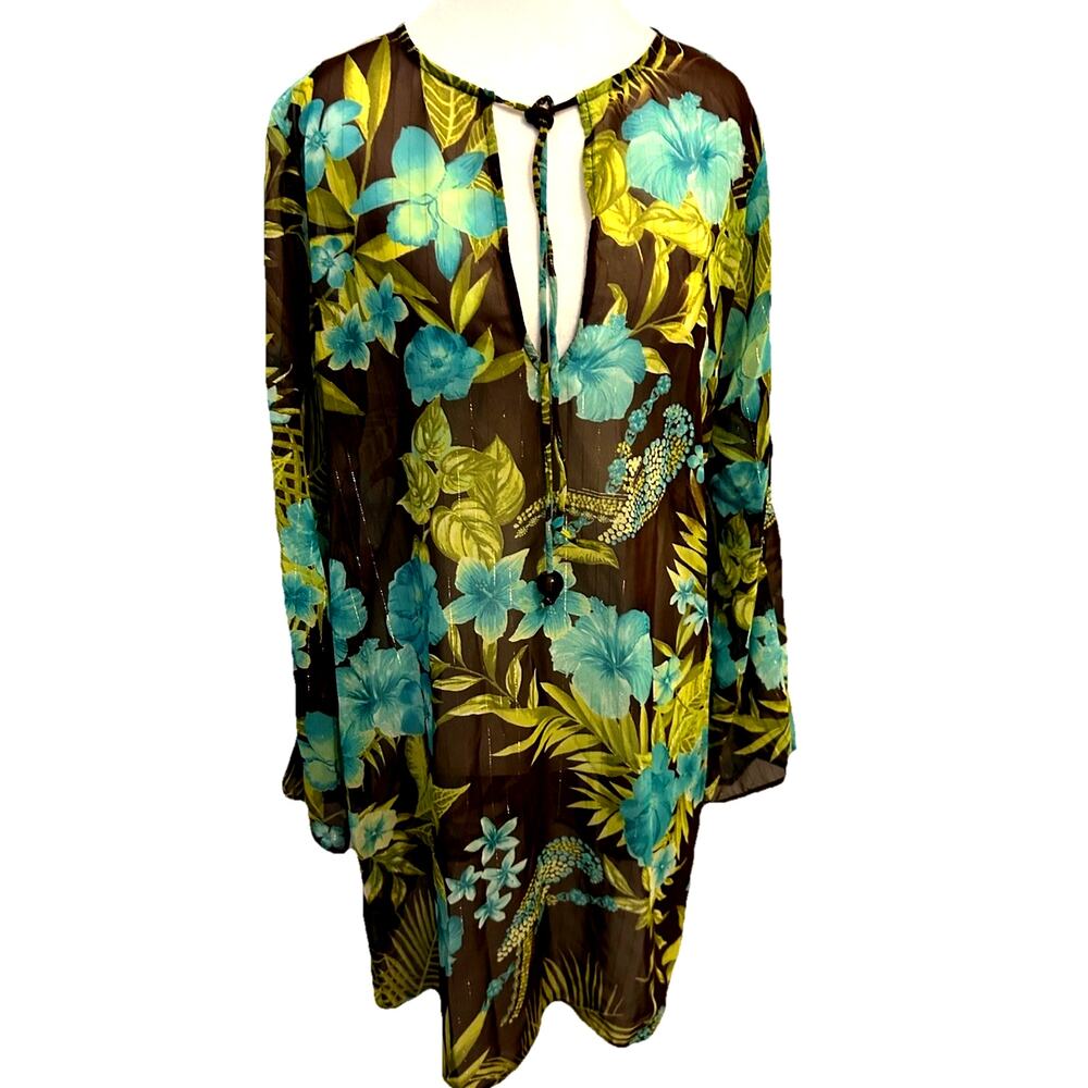 St John Swim Coverup Green Brown Sheer Tropical Resort Beach Parrots Floral Boho